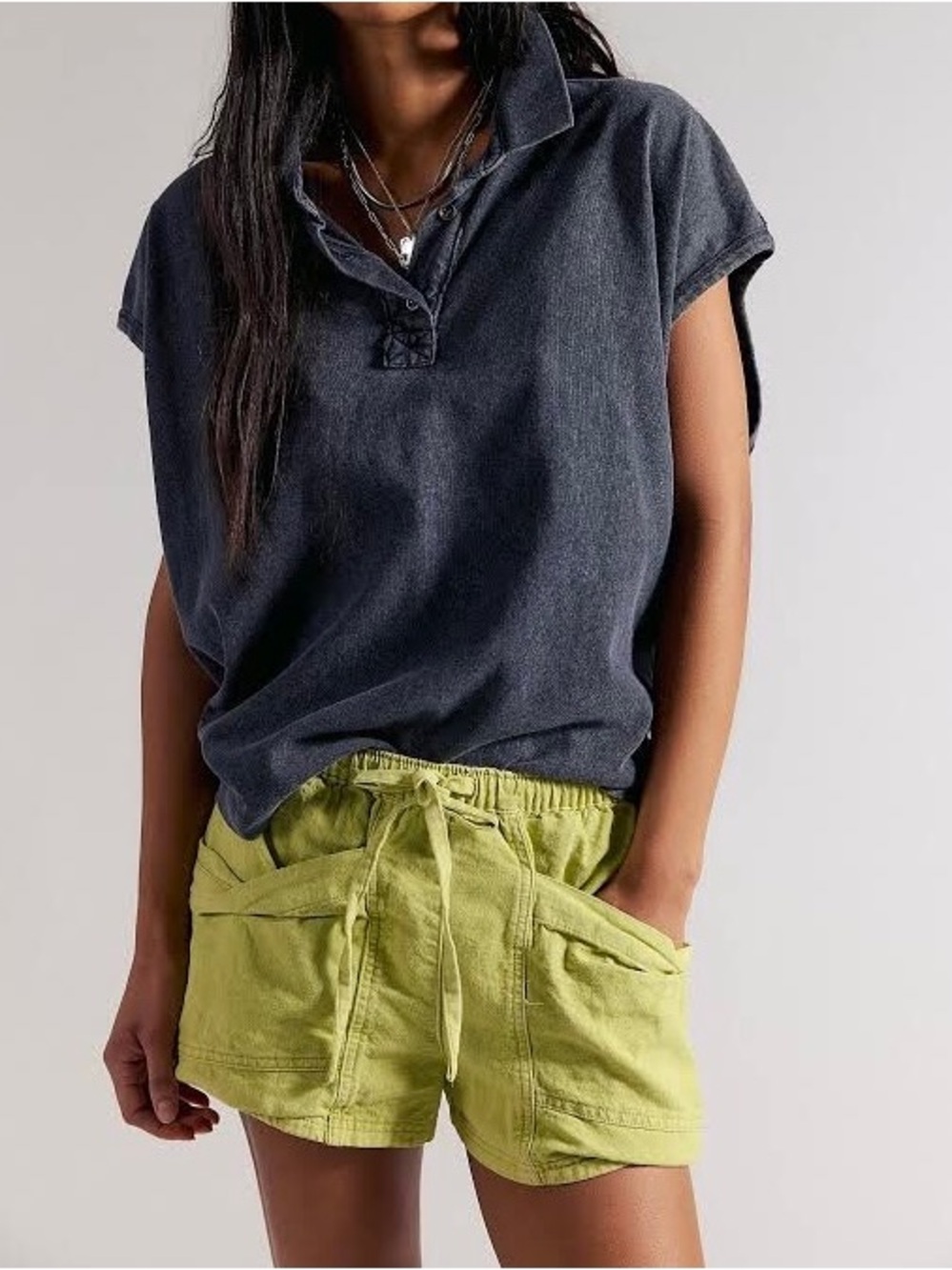 Free People Good Fortune Cotton Linen Shorts in Warm Olives
